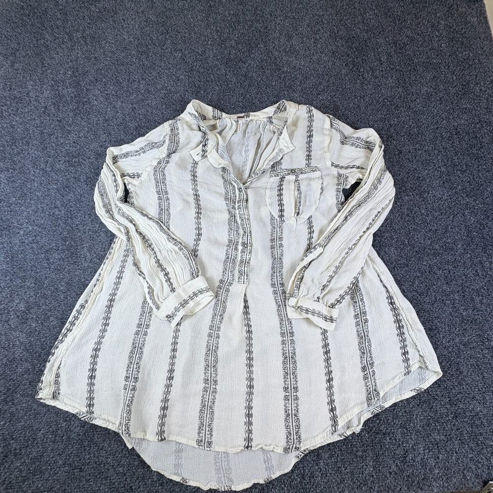 Free People Tunic Top Womens S Off White Black Striped High Low Hem Button Front